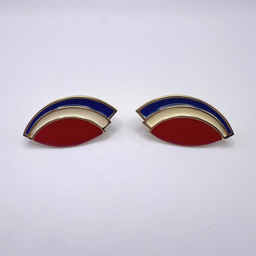 Monet Vintage Earrings Red White Blue Enamel Gold Tone Geometric Omega Back Post